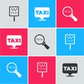 Set Road sign for a taxi stand, Location with and Magnifying glass car icon. Vector Royalty Free Stock Photo