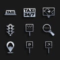 Set Road sign for a taxi stand, Parking, Airport, Magnifying glass car, Location with, Traffic light, Gps device map and