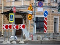 A set of road signs as a riddle for drivers. Royalty Free Stock Photo