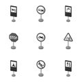 Set of road signs. Signs of prohibition, permission, priority. Road signs icon in set collection on monochrome style