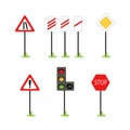 Set of road signs. Traffic light and signs on metal posts cartoon vector illustration Royalty Free Stock Photo
