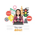 Set of road symbols and asian woman driver character