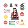 Set of road symbols and asian woman driver character