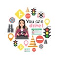 Set of road symbols and asian woman driver character