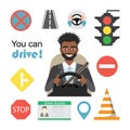 Set of road symbols and black african american man driver character