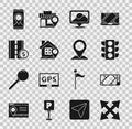 Set Road traffic sign, Gps device with map, Traffic light, Location, house, Toll road, City navigation and icon. Vector Royalty Free Stock Photo