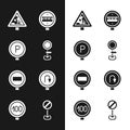 Set Road traffic sign, Parking, Warning road, Railroad crossing, Stop, Turn back, and Speed limit icon. Vector