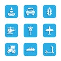 Set Road traffic signpost, Hatchback car, Scooter, Plane, Tractor, Helicopter, Traffic light and cone icon. Vector