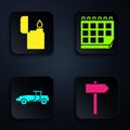 Set Road traffic signpost, Lighter, Car and Calendar. Black square button. Vector