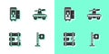 Set Road traffic signpost, Toilet in the train car, Broken rails on railway and Draisine or handcar icon. Vector