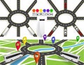 A set of roads with a circular motion. Markers on the map of the city and without. Movement of vehicles. The path is