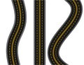 Set of roads with various white and yellow markings on a white background. Straight and with turns. illustration.