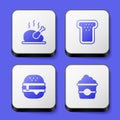 Set Roasted turkey or chicken, Bread toast, Burger and Popcorn in cardboard box icon. White square button. Vector