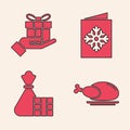 Set Roasted turkey or chicken, Gift box in hand, Christmas postcard and Gift box and bag icon. Vector