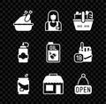 Set Roasted turkey or chicken, Seller, Shopping basket and food, Soda can, Market store, Hanging sign with Open, Sauce