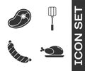 Set Roasted turkey or chicken, Steak meat, Sausage and Spatula icon. Vector