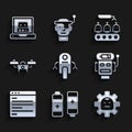 Set Robot, Battery, low battery charge, Computer api interface, Drone, Industrial production of robots and Creating icon