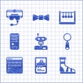Set Robot, Card game, Slippers with socks, Magnifying glass, Binary code, Computer, Pendulum and Virtual reality glasses