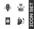 Set Robot charging battery, , Turn off robot from phone and icon. Vector Royalty Free Stock Photo