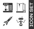 Set Robot, Coffee machine, Rocket ship with fire and 3D printer icon. Vector