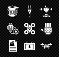 Set Robot, Electric plug, Disassembled robot, Technical specification, Battery, Drone, setting and icon. Vector