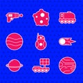 Set Robot, Mars rover, Planet, Comet falling down fast, Saturn, and Ray gun icon. Vector