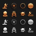 Set Robot, Planet Venus, Mars rover, Satellites orbiting the planet, Astronaut helmet, Sun, dish and Solar system icon