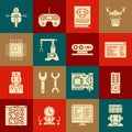 Set Robot, Remote control, Software, web developer programming code, User manual, Assembly line, Processor with Royalty Free Stock Photo