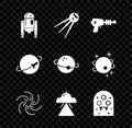 Set Robot, Satellite, Ray gun, Black hole, UFO flying spaceship, Alien, Planet and icon. Vector Royalty Free Stock Photo