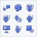 Set Robot setting, Computer api interface, Software, Broken robot, and Bot icon. Vector