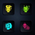 Set Robot setting, low battery charge, Humanoid robot and Broken. Black square button. Vector Royalty Free Stock Photo