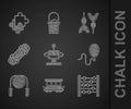 Set Robot toy, Passenger train cars, Abacus, Balloons, Jump rope, Skateboard, Dart arrow and Puzzle pieces icon. Vector