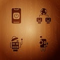 Set Robot, Turn off robot from phone, and Artificial intelligence on wooden background. Vector