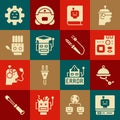 Set Robot, Waiter robot, Motherboard digital chip, User manual, Mechanical hand, and Soldering iron icon. Vector