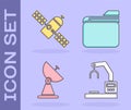 Set Robotic robot arm hand factory, Satellite, Radar and Document folder icon. Vector Royalty Free Stock Photo