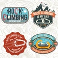 Vintage typography design with climber, carabiner and mountains Royalty Free Stock Photo