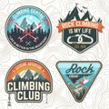 Vintage typography design with climber, carabiner and mountains