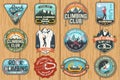 Set of Rock Climbing club badges on the wood board. Vector. Royalty Free Stock Photo