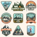 Set of Rock Climbing club and summer camp badges. Vector. Royalty Free Stock Photo