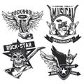 Set of rock elements skull, boot, drums, wings, guitar, picks emblems, labels, badges, logos. Isolated on white