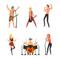 Set of rock musicians playing electric guitar, drums and singing. Rock or pop band singer, drummer and guitarist cartoon