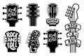 Set of rock and roll guitars necks heads with lettering. Design element for logo, emblem, card,banner, t-shirt. Royalty Free Stock Photo