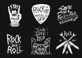 Set of Rock and Roll music symbols with Drums, Plectrum and machete. labels, logos. Heavy metal templates for design t Royalty Free Stock Photo