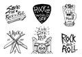 Set of Rock and Roll music symbols with Drums, Plectrum and machete. labels, logos. Heavy metal templates for design t Royalty Free Stock Photo