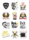 Set of Rock and Roll music symbols with Guitar Wings Skull, Drums Plectrum. labels, logos. Heavy metal templates for Royalty Free Stock Photo