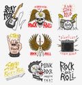 Set of Rock and Roll music symbols with Guitar Wings Skull, Drums Plectrum. labels, logos. Heavy metal templates for