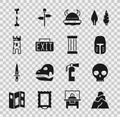 Set Rock stones, Human skull, Medieval iron helmet, Viking in horned, Exit sign, Castle tower, broken bone and Ancient