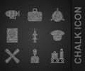 Set Rocket, Pilot, Airport conveyor belt with suitcase, hat, Plane propeller, Passport, and Airship icon. Vector