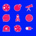 Set Rocket ship, Asteroid, Comet falling down fast, Planet, Astronaut helmet, Telescope and Mars icon. Vector Royalty Free Stock Photo