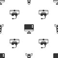 Set Rocket ship, Computer monitor screen and Virtual reality glasses on seamless pattern. Vector Royalty Free Stock Photo
